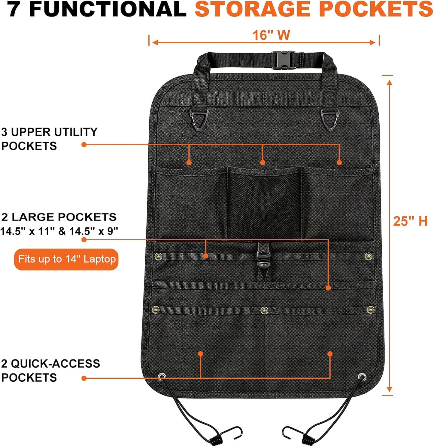 1 Pack Backseat Car Organizer, Heavy Duty Nylon Seat Back Organizer with 7 Storage Pockets, Anti-Swing Straps & Modular Webbing Panel for Cars, Work Trucks, SUVs, and Pickups