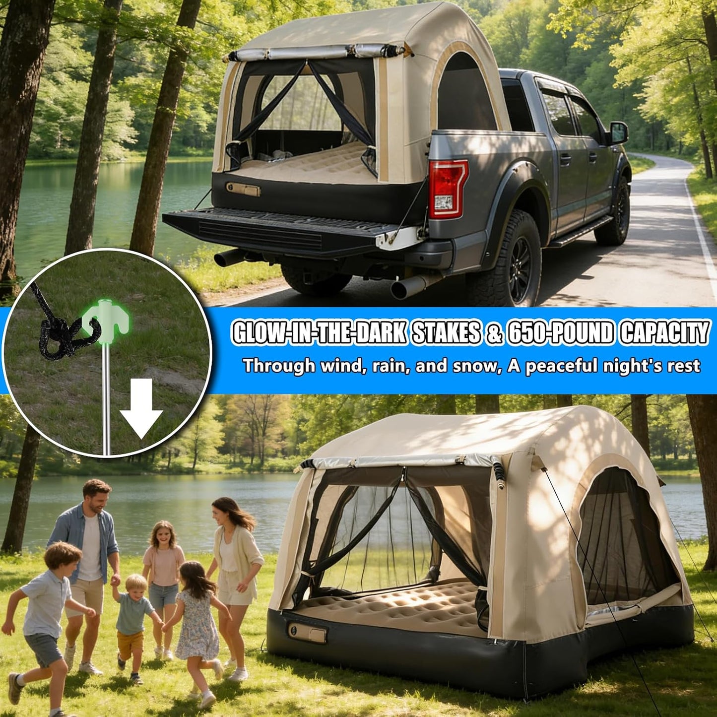 OPP ULITE Foldable Pickup Truck Bed Tent, Full Size Sportz Air Mattress, Camping & Outdoor Truck Tent, 2-Person Portable Includes Pillows & Glow-in-The-Dark Stakes