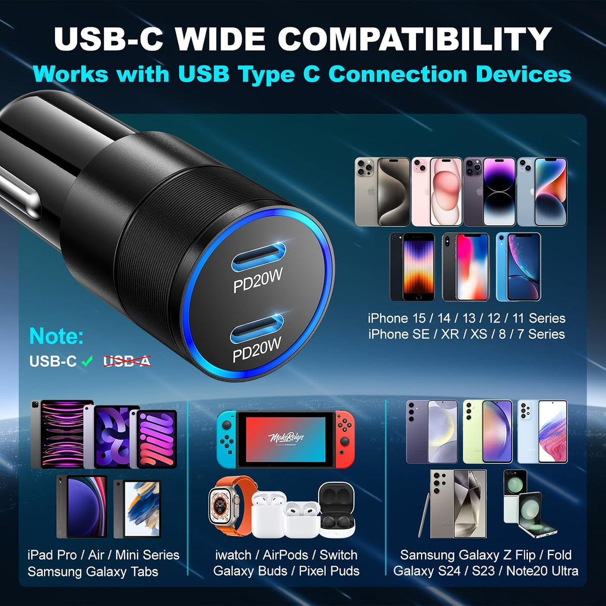 USB C Car Charger 40W,OKRAY Dual USB Type C PD3.0 Fast Charging Car Charger