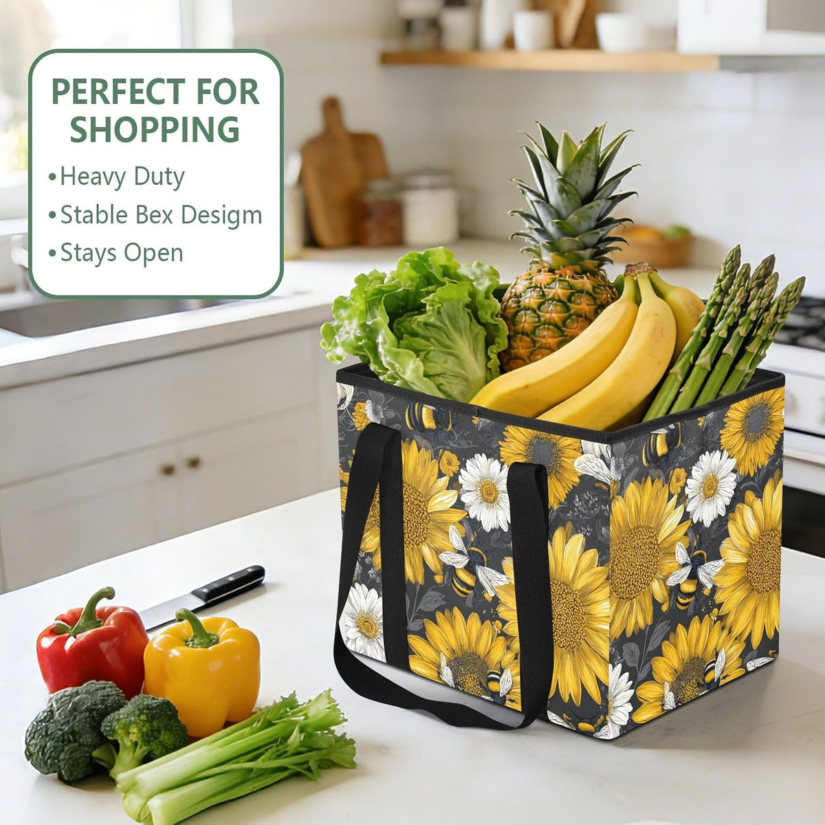 Trunk Organizer Collapsible Car Organizer with Handle Car Storage Box Bin for Groceries SUV Utility Tote Bag Portable Vehicle Container Black Retro Bee and Yellow Sunflower