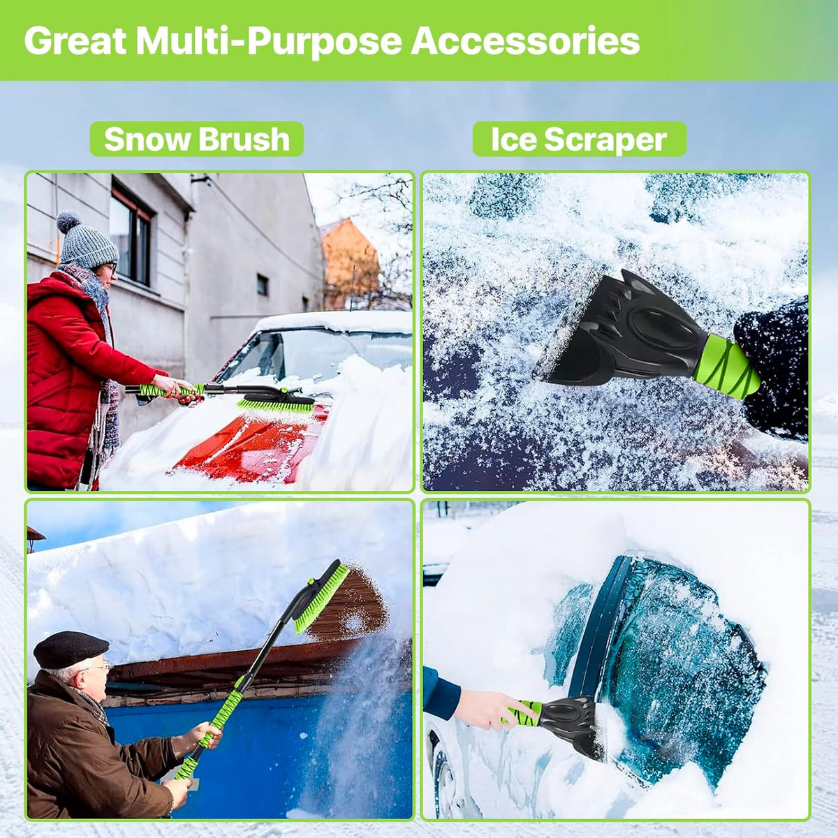 44 in Extendable Snow Brush and Ice Scraper for Car Windshield, Green