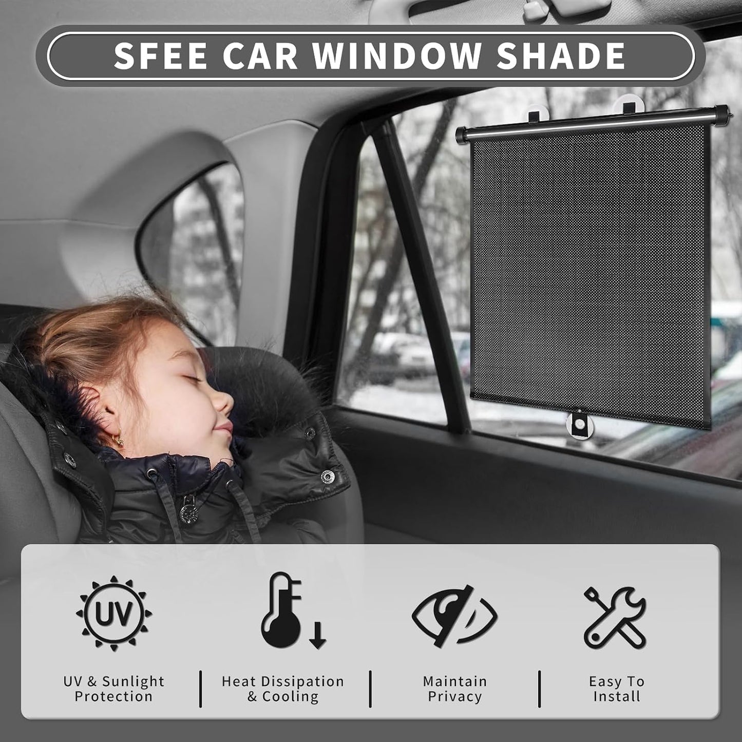 Sfee Car Window Shade for Side Windows, 2 Pack Sun Shade Retractable for Car Blocks Heat and UV Rays Glare Protection Roller Sunshade Visor for Baby, Kids, Pets, Passengers