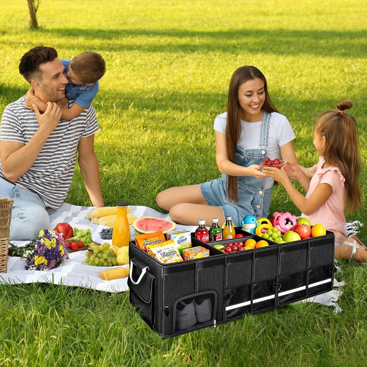 Car trunk organizer, Collapsible Multi-Compartments Car trunk Organizer with Shoes Storage Space, Reflective Strip, Perfect for Car & SUV (34.5 * 13.8 * 11.8 INCH)