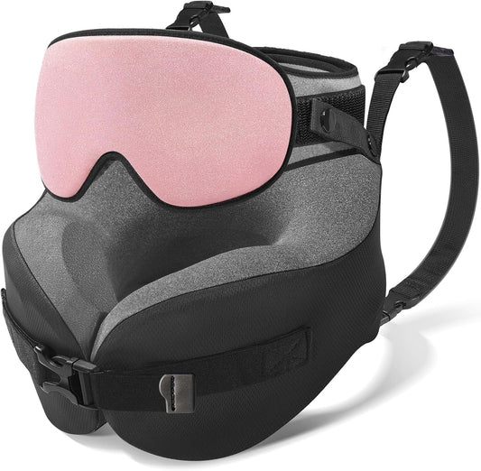 YFONG Travel Pillow for Long Flight Airplanes, Head Strap Combo with 3D Contoured Eye Mask for Sleep, Neck Pillow for Car Trip Essential, 360° Support Memory Foam Headrest, Prevent Head Bobbing, Pink