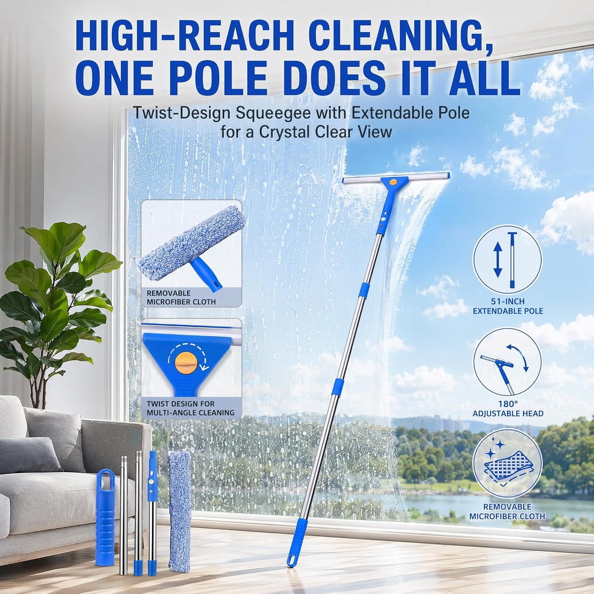 51'' Window Squeegee, 2 in 1 Outdoor Window Cleaning Tools