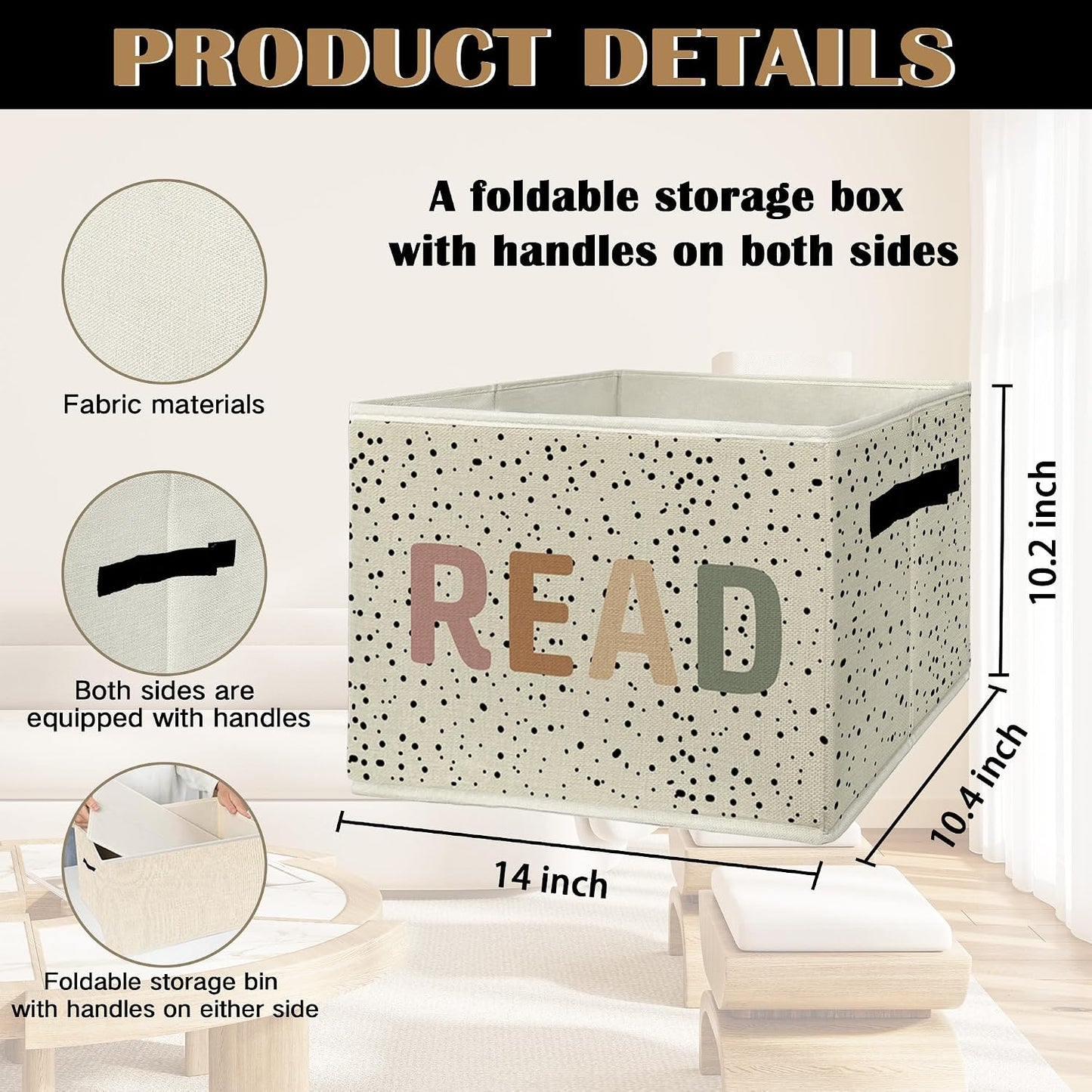 Boho READ Book Storage Bins & Boxes with Handles, Kids Foldable Basket for Organizing, Boho Nursery Collapsible Storage Basket for Kids Room Bedroom Reading Corner Nook Room Clothes Toys Books