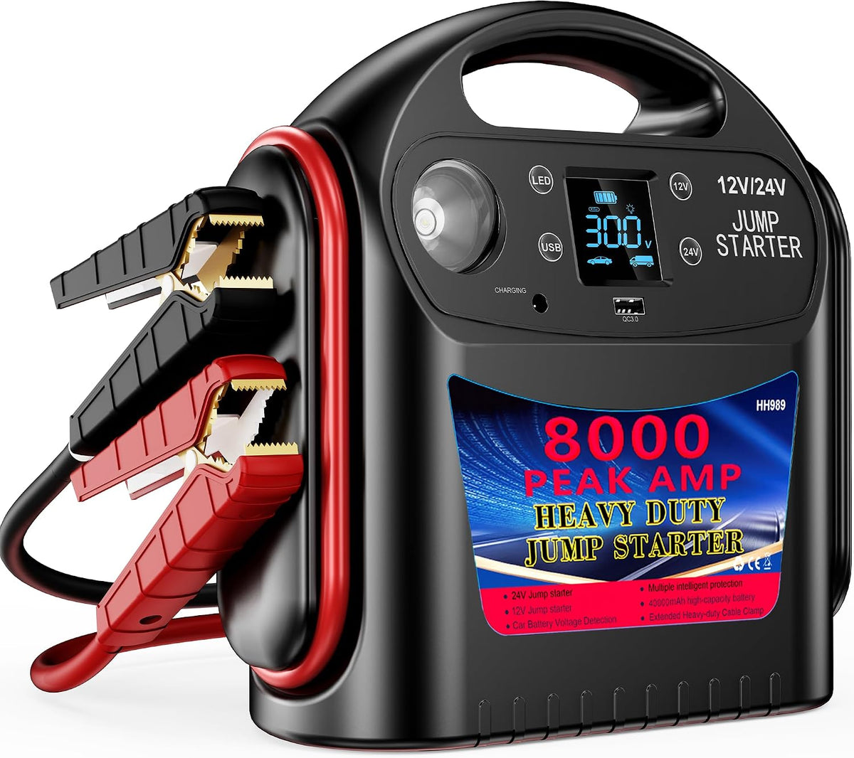 8000A 12V/24V Jump Starter for Large Gas & Diesel Engines, Heavy-Duty Portable Battery Booster Pack for Trucks, RVs & Commercial Vehicles with Force Start, Digital Display, LED Light & USB Charging