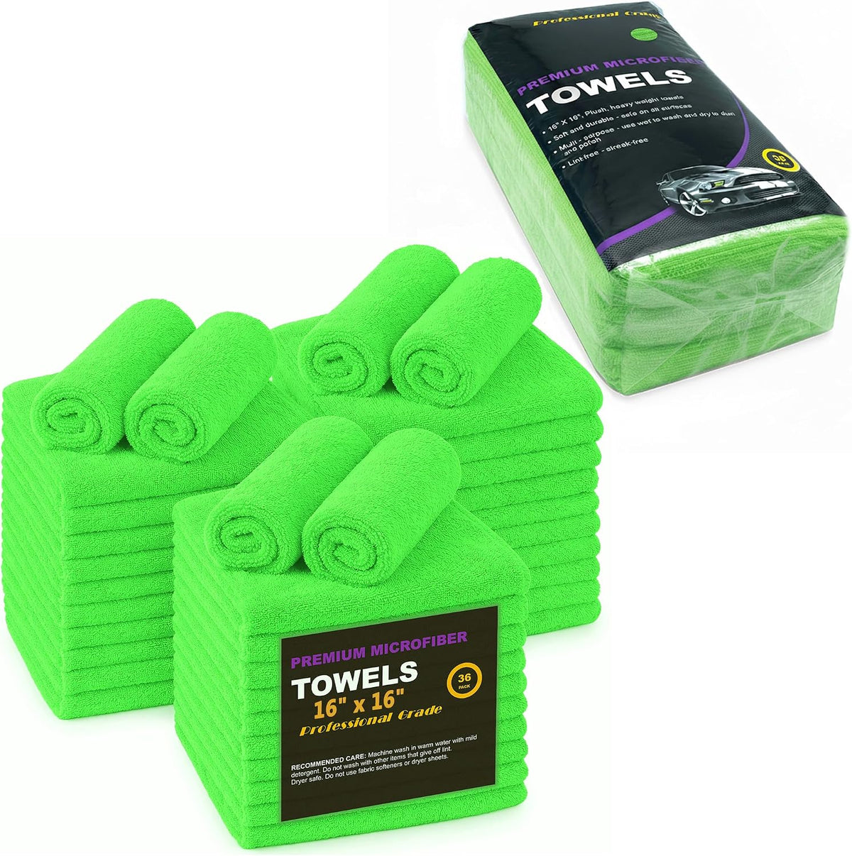 Green Large Microfiber Cleaning Towels,36-Pack Dual-Sided Ultra Soft Plush Washcloth, Professional Grade Premium Microfiber Detailing Cleaning Cloths, Car, Household and Commercial (Green, 16" X 16")