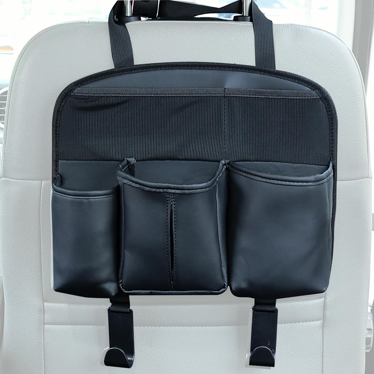 Amooca Car Backseat Organizer PU Leather Storage Bags Travel Accessories Large Pockets for Water Bottle Drink Tissue with Hooks