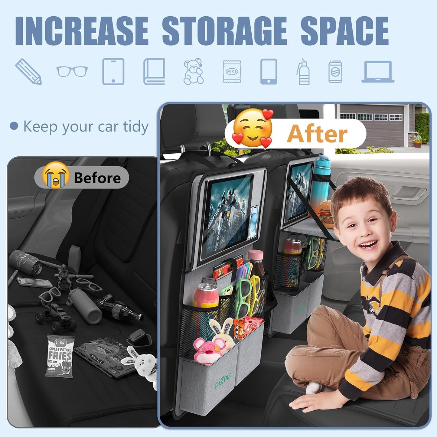 Plzpik Car Backseat Organizer with Tablet Holder,11 Storage Pockets with Foldable Food Tray, Protector Kick Mats for Kids, Travel Accessories Organizer (Gray, 1Pack)