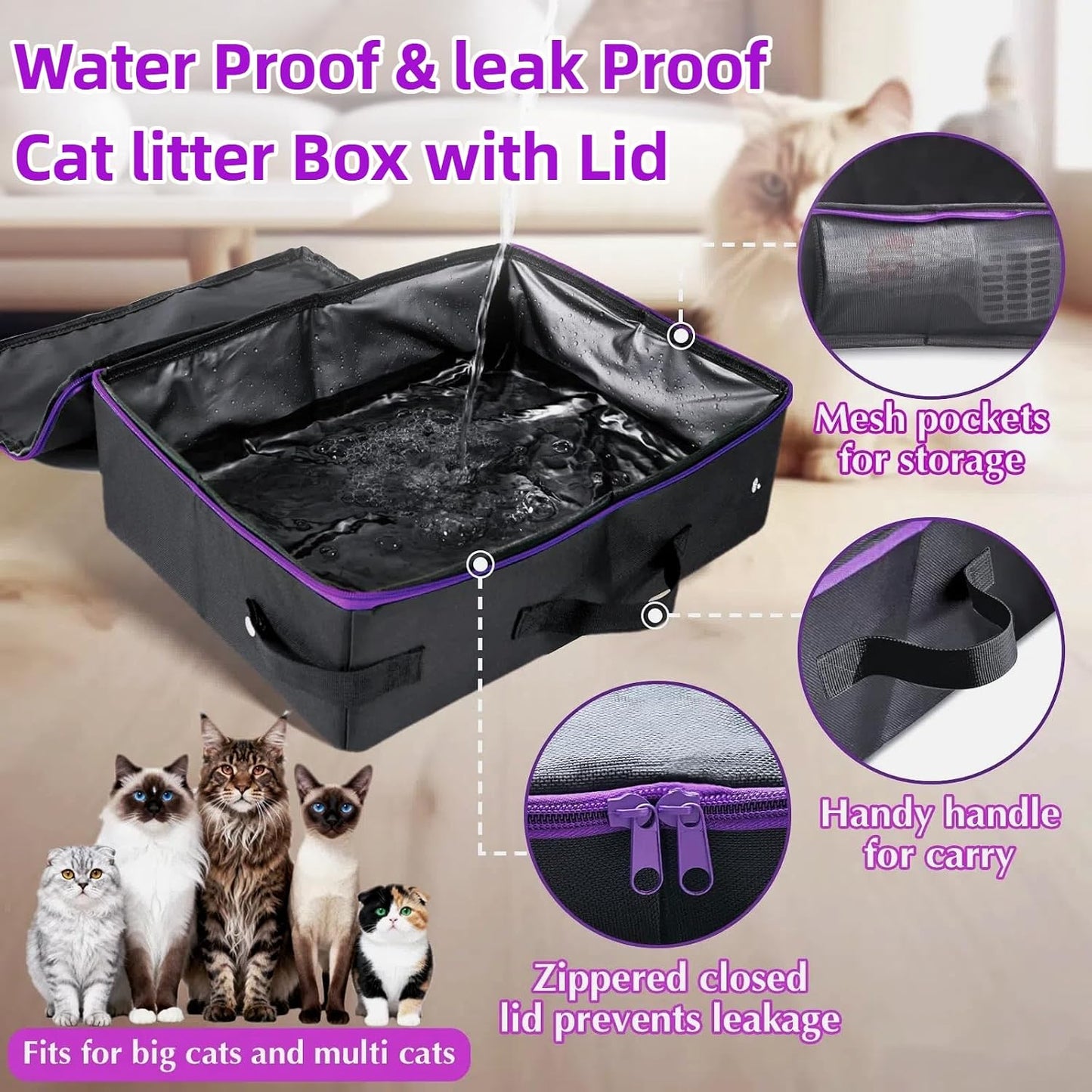 20x14x6.5 Inches, Large Portable Cat Travel Litter Box with Zipped Lid & 10 Liners, Leak-Proof, Lightweight, Sturdy & Waterproof and Foldable Travel Cat Litter Box for Hotels, Car, & Camping