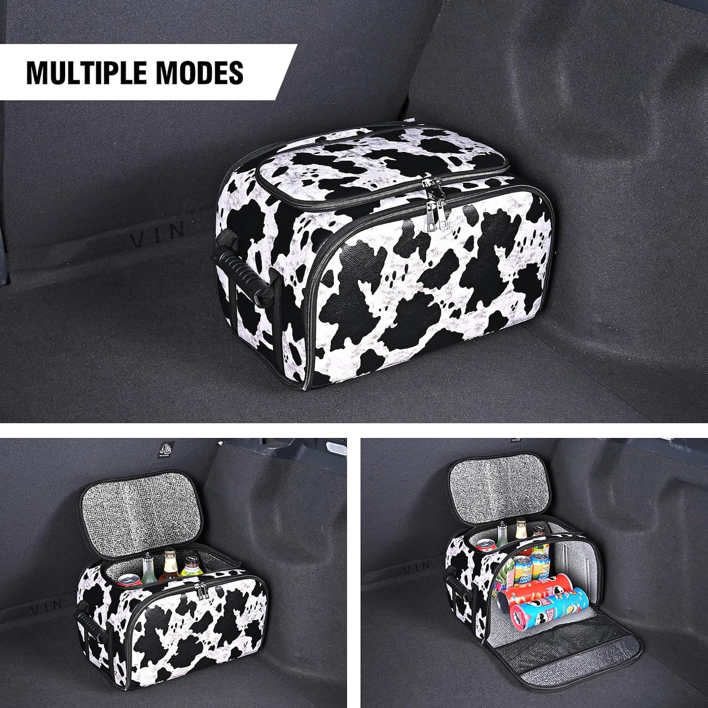 Cow Print Insulated Cooler Bag for Car, Multi-Mode Portable Thermal Lunch Cooler Tote, Reusable Thermal Storage Bag for Drinks, Snacks & Food, Ideal for Car Seat, Trunk, Road Trips & Travel