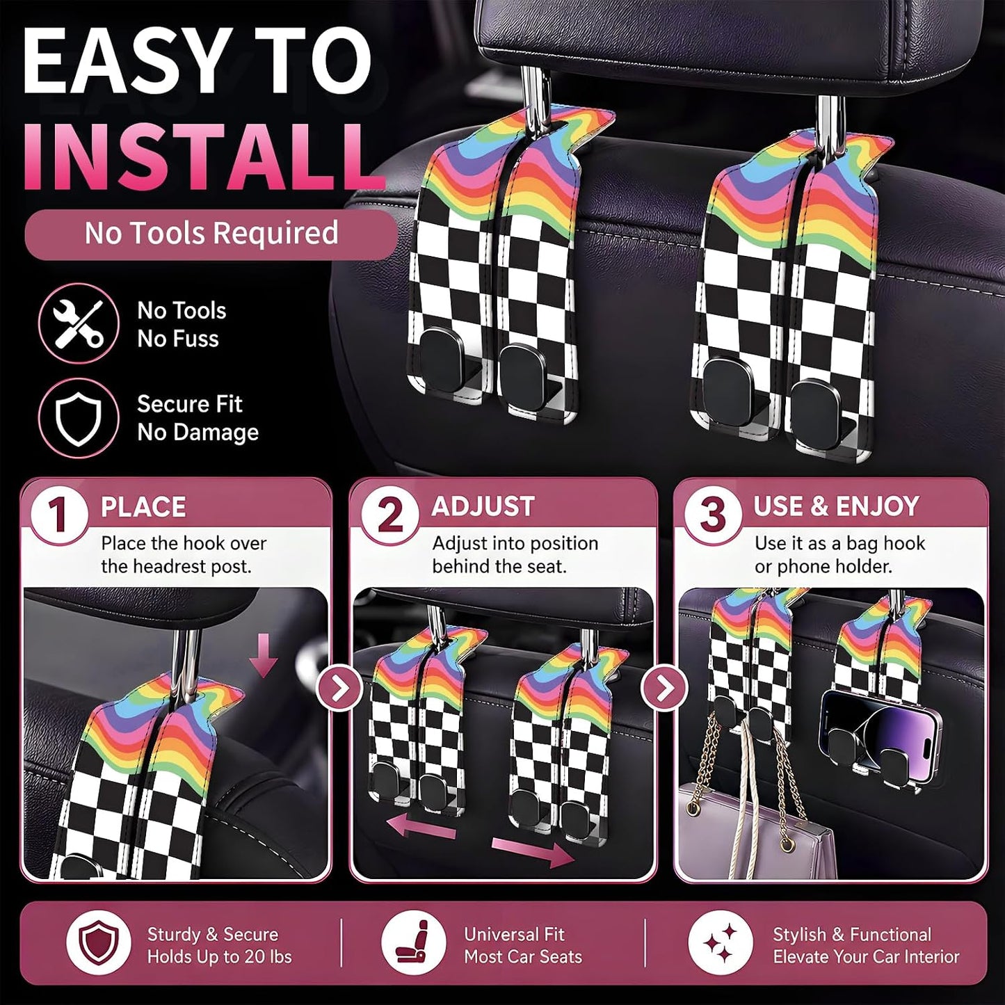 Car Seat Back Storage Hook, Funny Car Purse Hook, Cute Vehicle Storage Organizer for Purses Handbags Rainbow Black Checkerboard