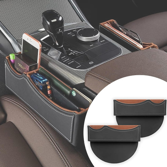 Car Seat Gap Organizer Large Capacity Leather Storage Box with Charging Port Multi-Purpose Car Seat Crevice Storage Solution for Phones Wallets Cards Ideal for Car Organization (Modern, Black-Double)