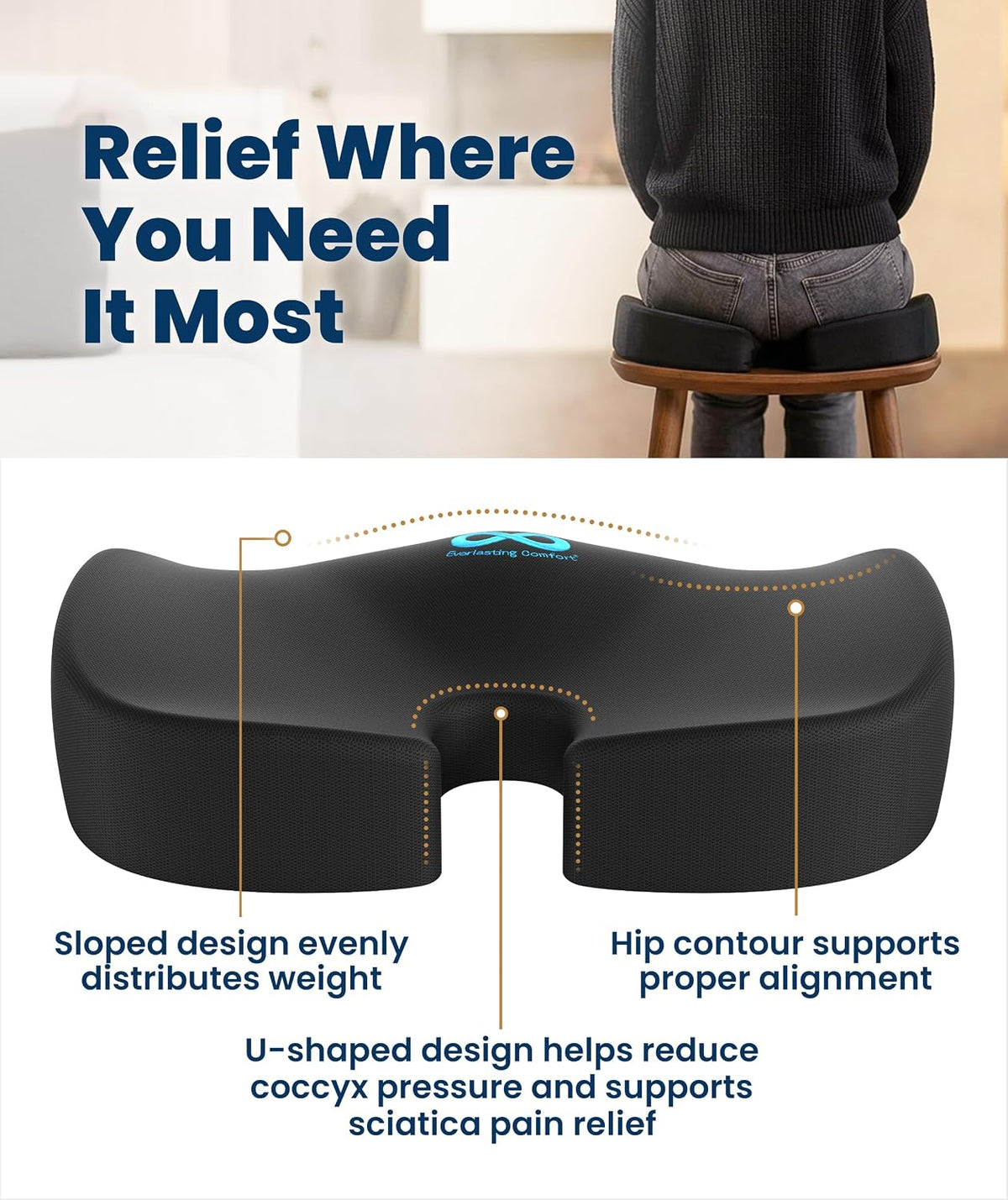 Everlasting Comfort Doctor Recommended Memory Foam Seat Cushion for Office Chairs & Car - Ergonomic Office Desk Accessories - Cushions for Tailbone Pain Relief, Sciatica (Black Airflow, Large)