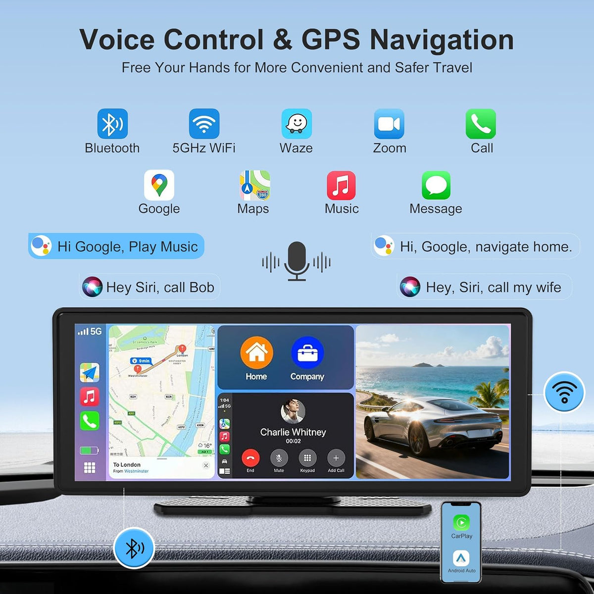 Wireless CarPlay Android Auto Screen for Car 10.26" 4K Dash Cam & 1080P Backup Camera 64 GB of Storage Mirror Link/Bluetooth/FM, Satellite Radio Receiver