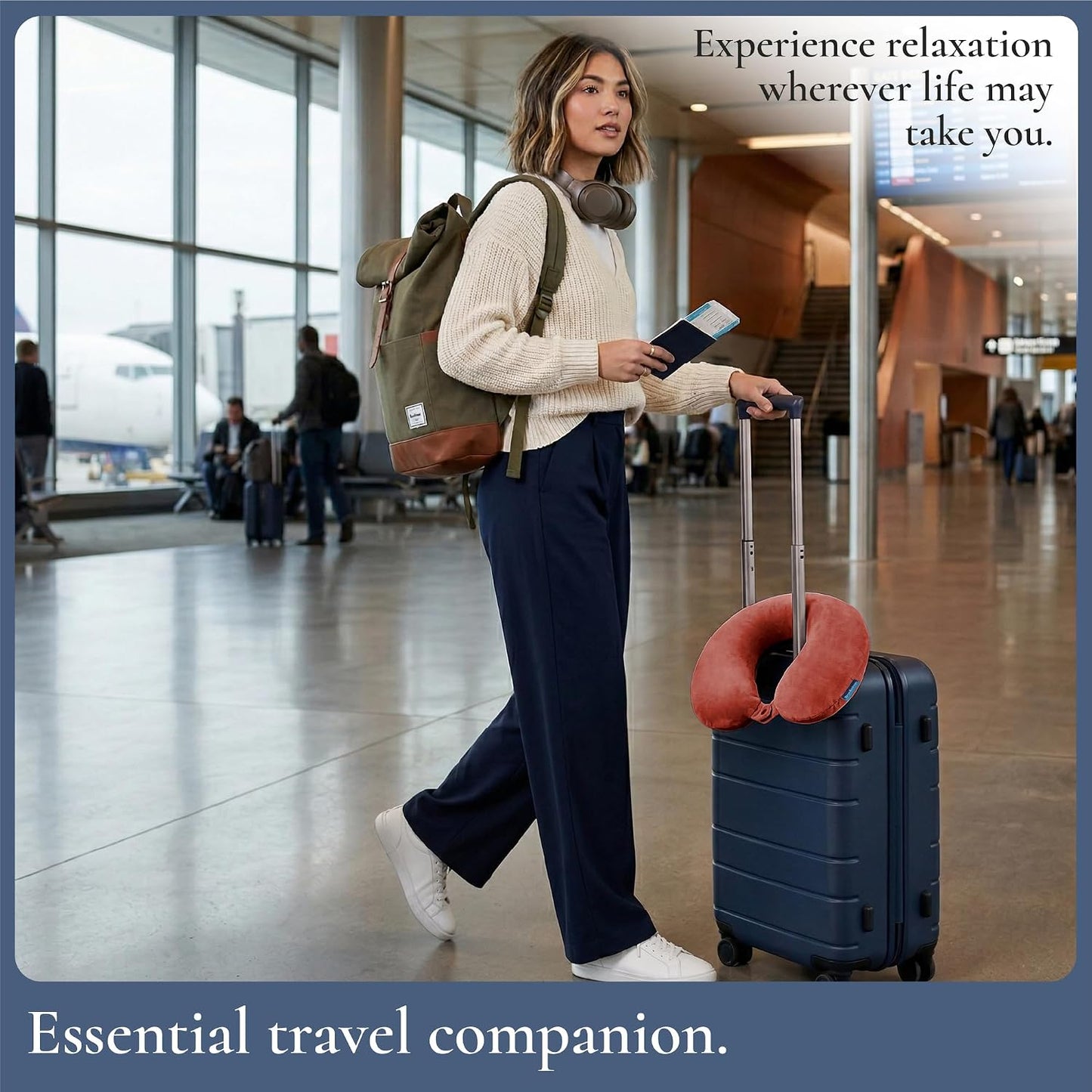 Brookstone Travel Neck Pillow - Lightweight U-Shaped Memory Foam Travel Pillow for Airplane, Car Travels & Sleeping, Terra Cotta