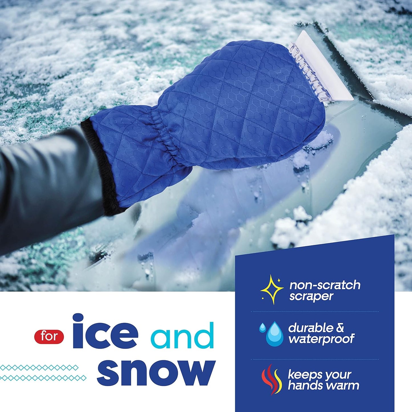 SCRUBIT Ice Scraper with Glove - Car Windshield Scraper for Ice and Snow w/Fleece Mitt - Quickly Scrape and Remove Snow While Staying Warm - Waterproof & Windproof - Car Scraper Snow Brush (Blue)