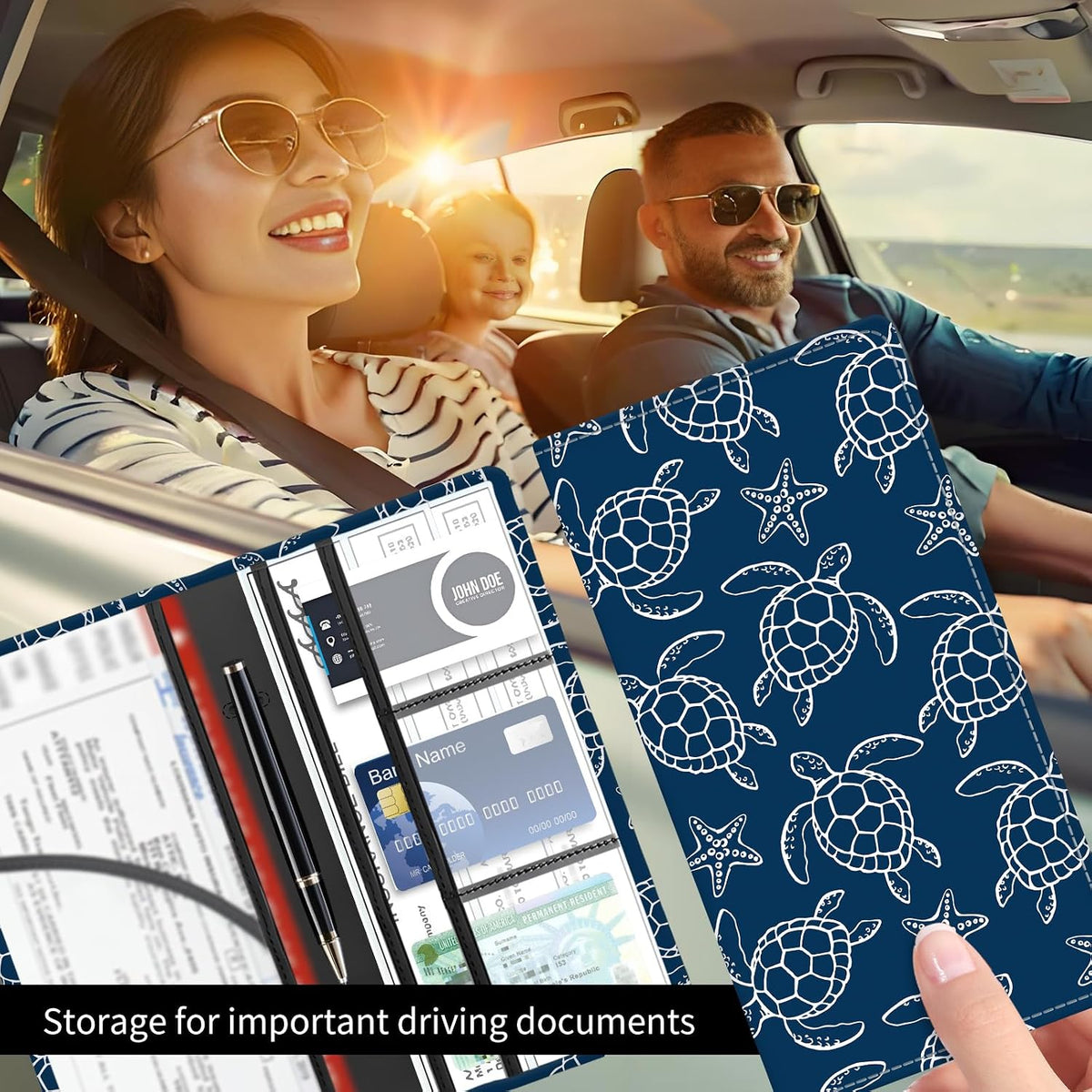 Premium Car Registration and Insurance Card Holder, Cute PU Leather Car Document Holder, Vehicle Glove Box Car Organizer with Magnetic Closure for Driver License, Cards Navy Turtle Starfish