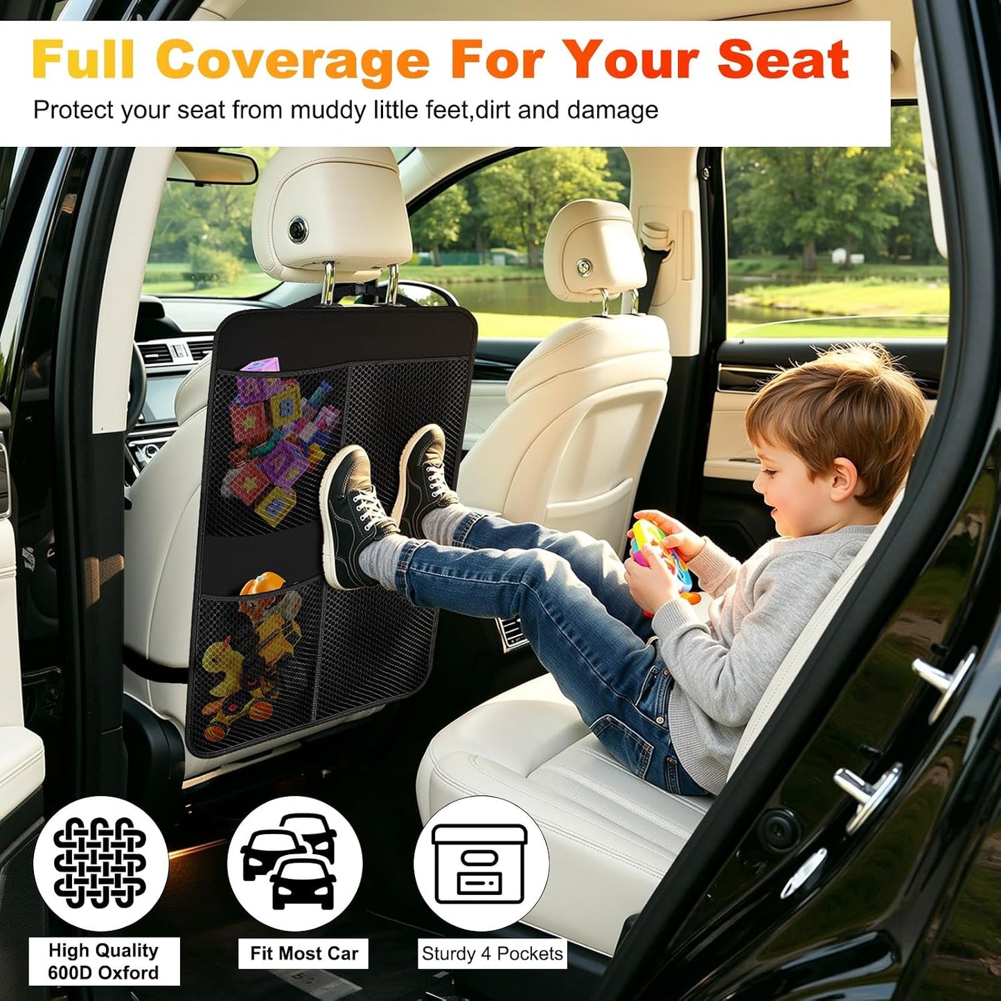 2 Pack Back Seat Cover For Kids + 4 Pocket Storage Organizer,Car Kick Mats Backseat Protector, Car Seat Back Protectors Backseat Organizer For Vehicles