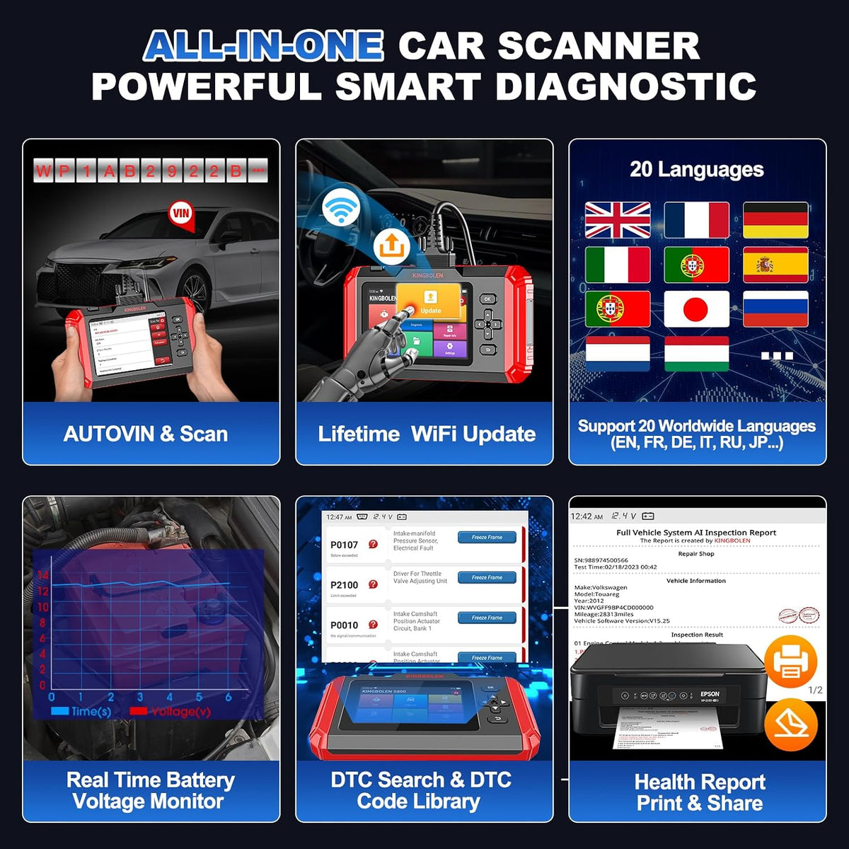 KINGBOLEN OBD2 Scanner S800 Car Scanner, OBD2 Diagnostic Scan Tool with 15 Reset, Oil Brake Throttle Service, Engine ABS SRS Transmission Code Reader, Battery Test, AutoVIN, Lifetime No Charge Update