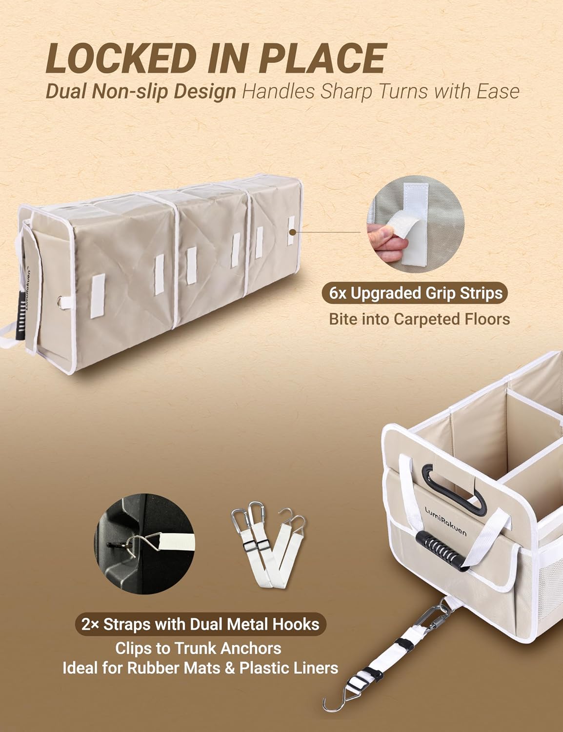 Car Trunk Organizer with Removable Lid for SUV (XL, Beige) | 1680D Wipe-Clean Fabric & 3.5mm PP Board. Collapsible Car Basket Features Dual Non-Slip Metal Hooks & 2x Adjustable Straps