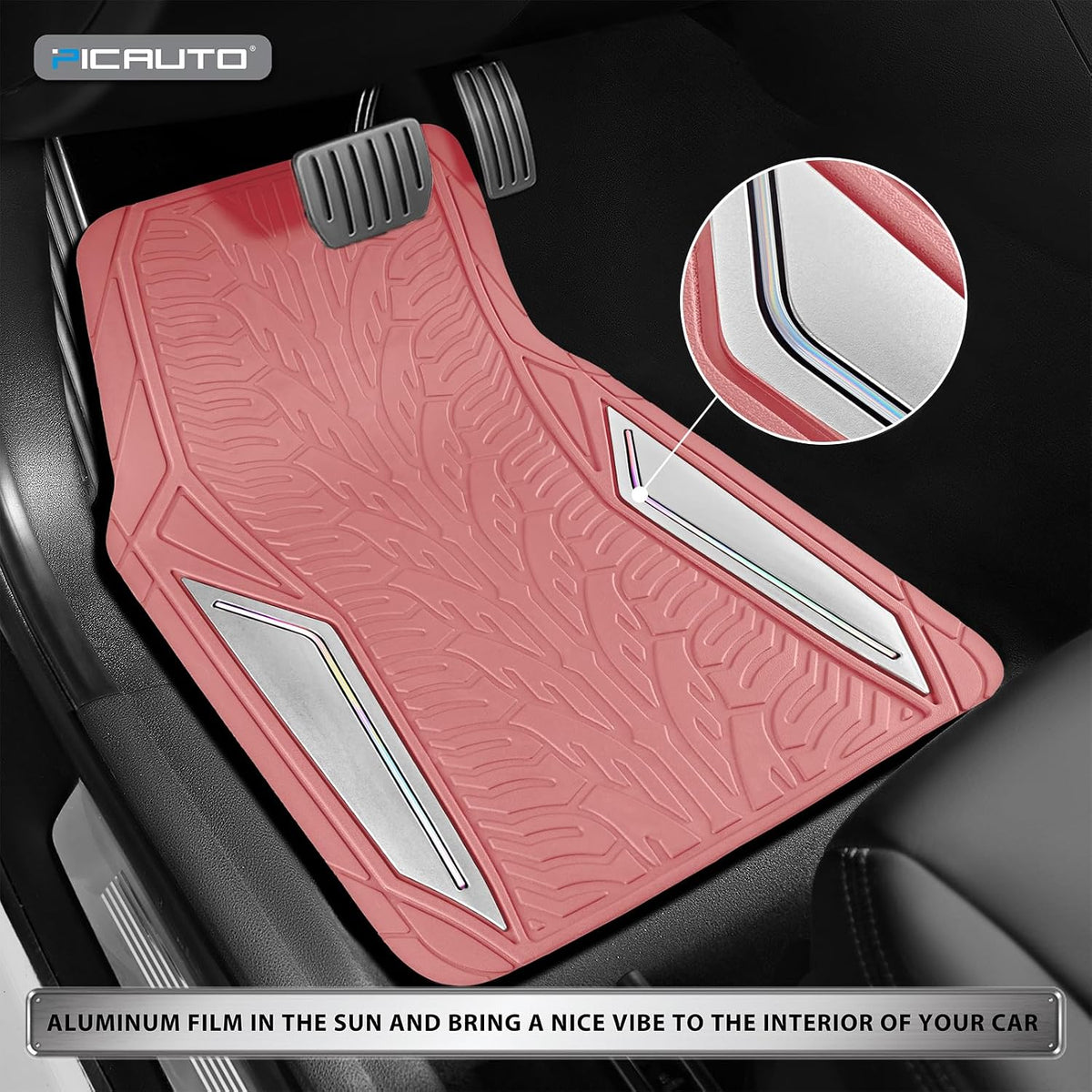 PIC AUTO Pink Rubber Floor Mats, Silver Aluminum Film with Colorful Piping Floor Mats for Cars, Car Mats with Non-Slip Backing, All-Weather, Trim-to-Fit Liner for Cars, SUVs, Trucks, Vehicles