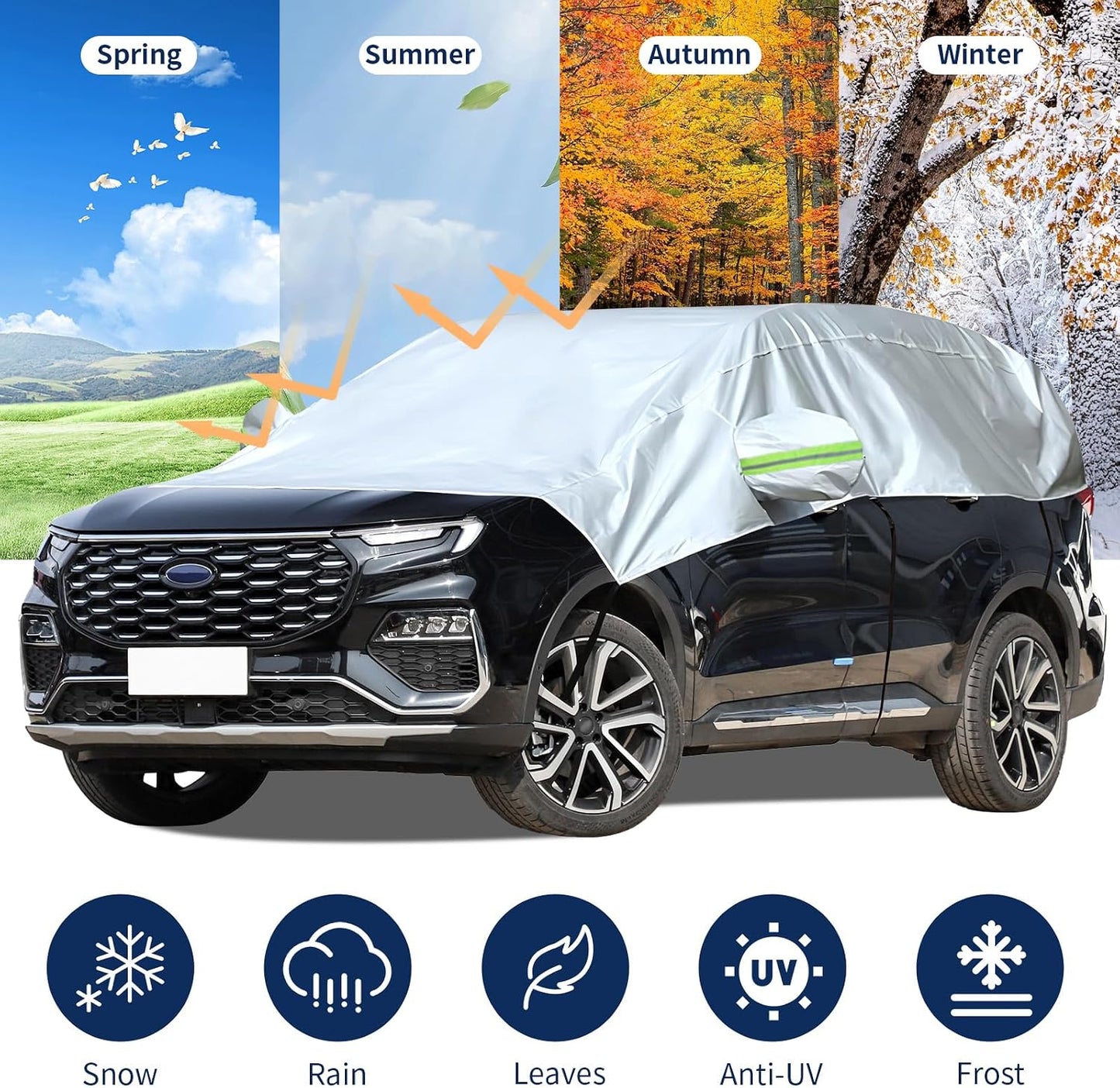 Hrozny Half Car Cover, Car Windshield Cover for Ice and Snow with Reflective Straps, Car Snow Cover Universal Fit for Most Cars (SUV)
