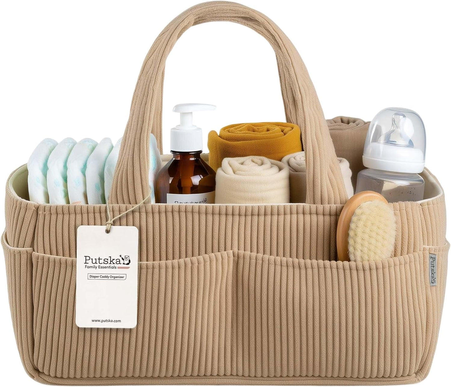 PUTSKA Baby Diaper Caddy Organizer for Changing Table – Stylish Nursery Storage Basket, Newborn Essentials, Baby Shower Gifts and Registry Must-Haves for Boy or Girl, Car Diaper Caddy, Corduroy Mocha