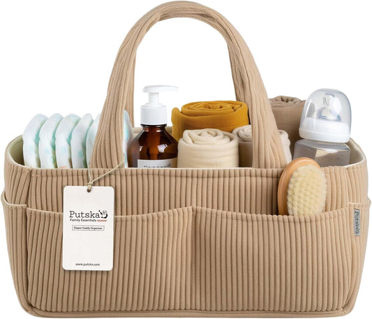 PUTSKA Baby Diaper Caddy Organizer for Changing Table – Stylish Nursery Storage Basket, Newborn Essentials, Baby Shower Gifts and Registry Must-Haves for Boy or Girl, Car Diaper Caddy, Corduroy Mocha