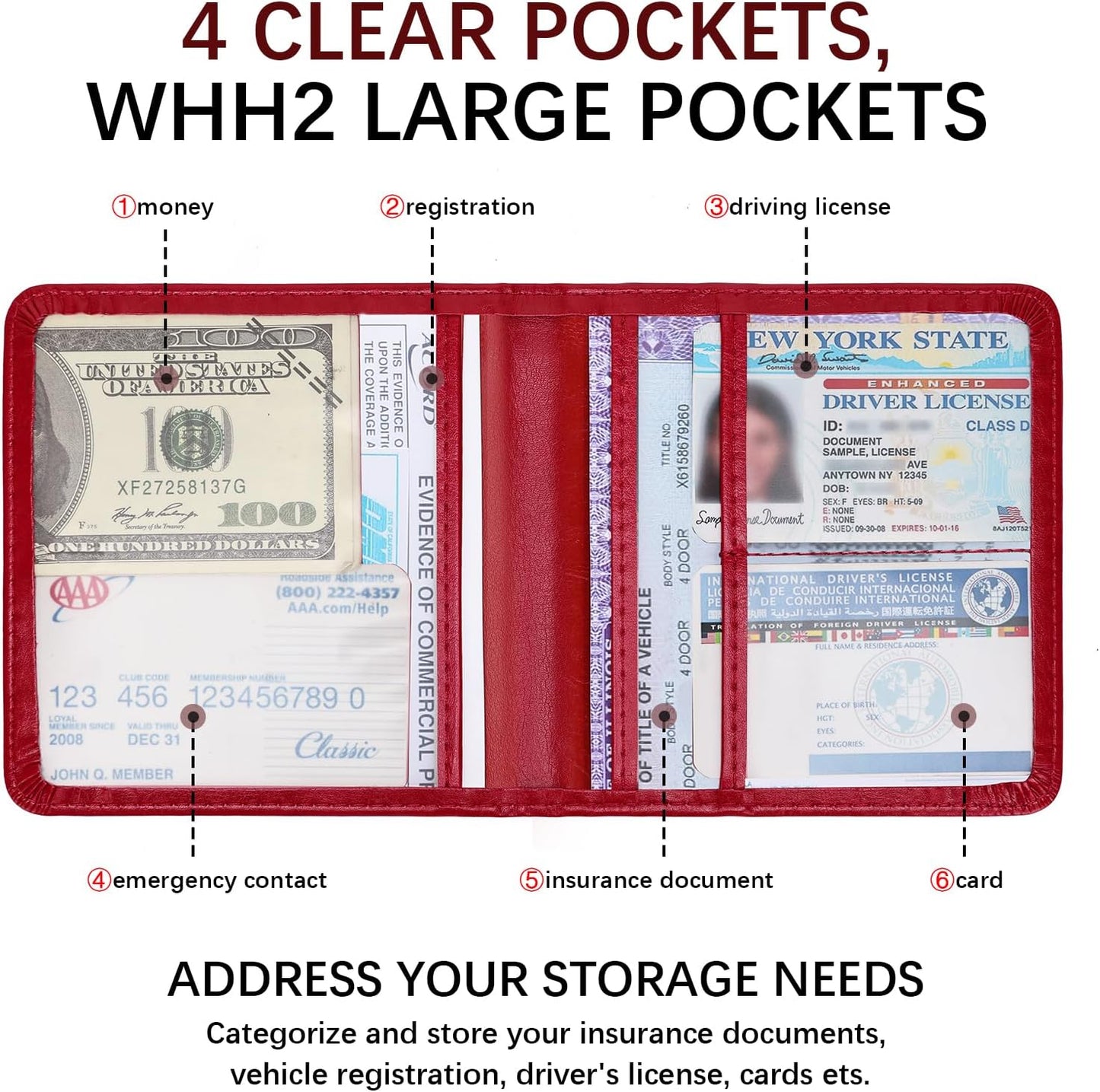 2-Pack Car Registration and Insurance Holder, Car Organization Vehicle Document Organizer with Magnetic Closure for Cards, License in Glove Box, Red