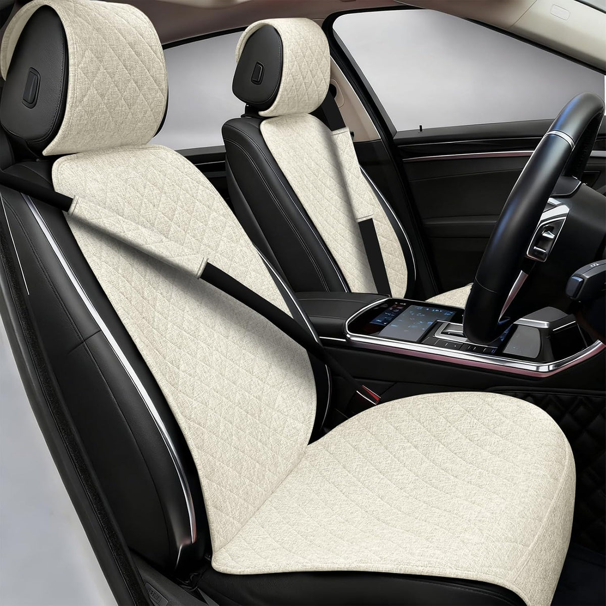 Partsable 2PCS Linen Car Seat Covers Front Seats,Breathable Cloth Fabric Car Seat Protector - Universal Cloth Seat Covers Fit for Cars, Vans, SUVs, Trucks and for All Seasons - Beige