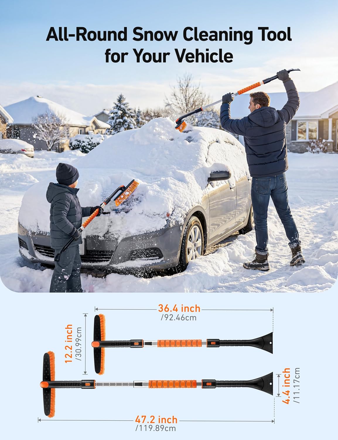 AstroAI 47.2" Ice Scrapers for Car Windshield and Extendable Snow Brush with Foam Grip and 360° Pivoting Brush Head for Auto Car Truck and SUV(Orange)
