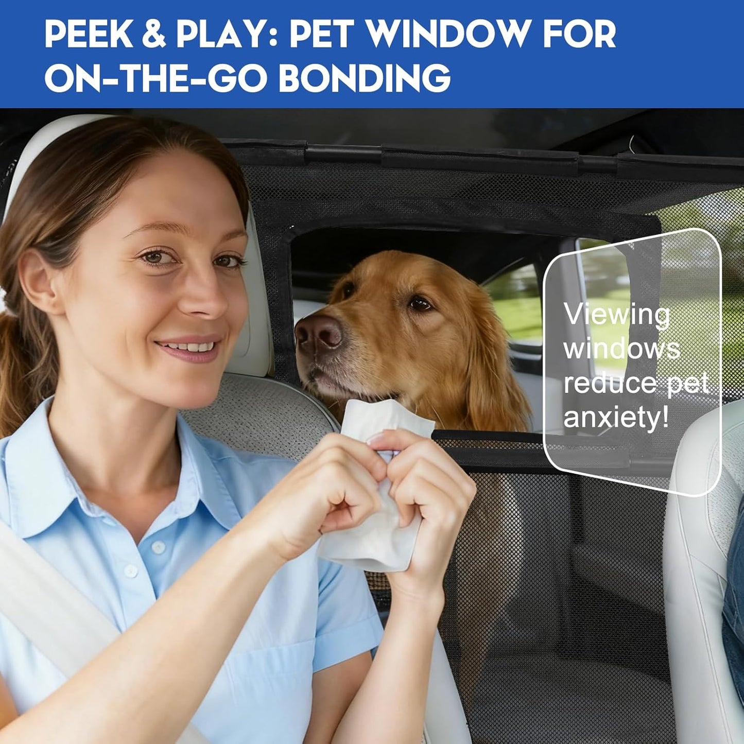 52" Dog Car Barrier for SUV, Wide Escape-Proof & Chew-Proof Dog Car Divider with Removable Visual Window & 2 Storage Pockets, Pet Net Gate for Behind Front Seats, Fits Sedans Cars Trucks