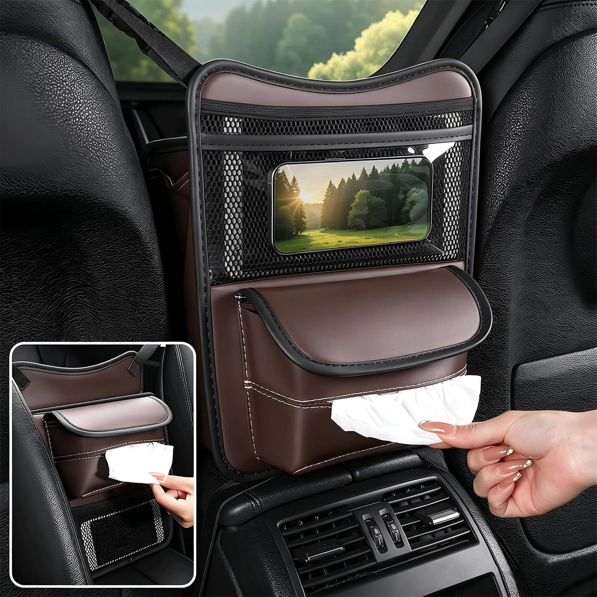 Car Organizer Storage Between Seats, Premium Leather Car Storage Bag Pocket Handbags Purse Holder with Tissue Box, Touch Screen Phone Holder, Console Front Seat Storage Barrier (Brown)