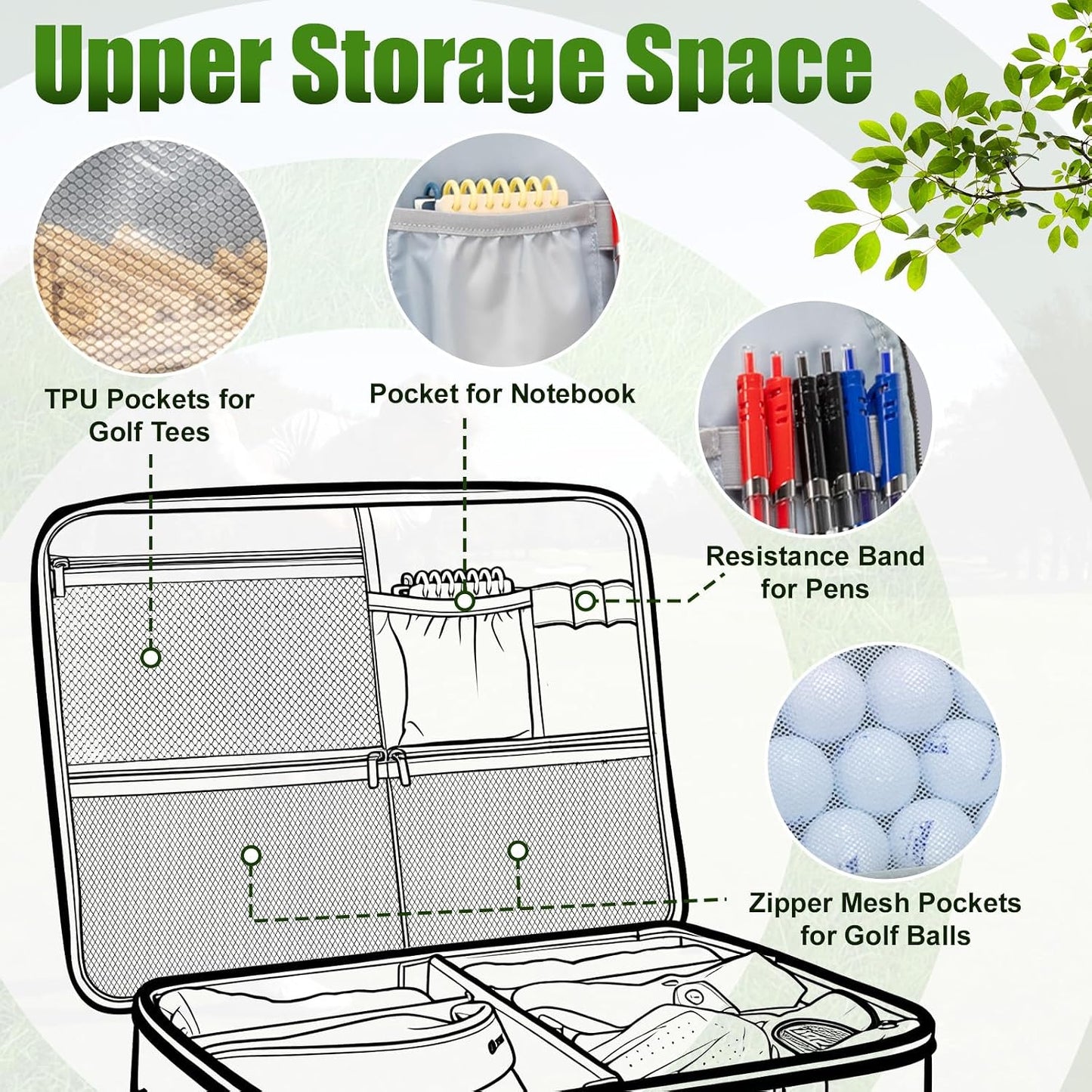 Golf Trunk Organizer, 2 Layer Car Golf Locker with Separate Ventilated Compartment for 2 Shoes, Golf Storage Bag for Golfs Balls, Tees, Glove, Accessories