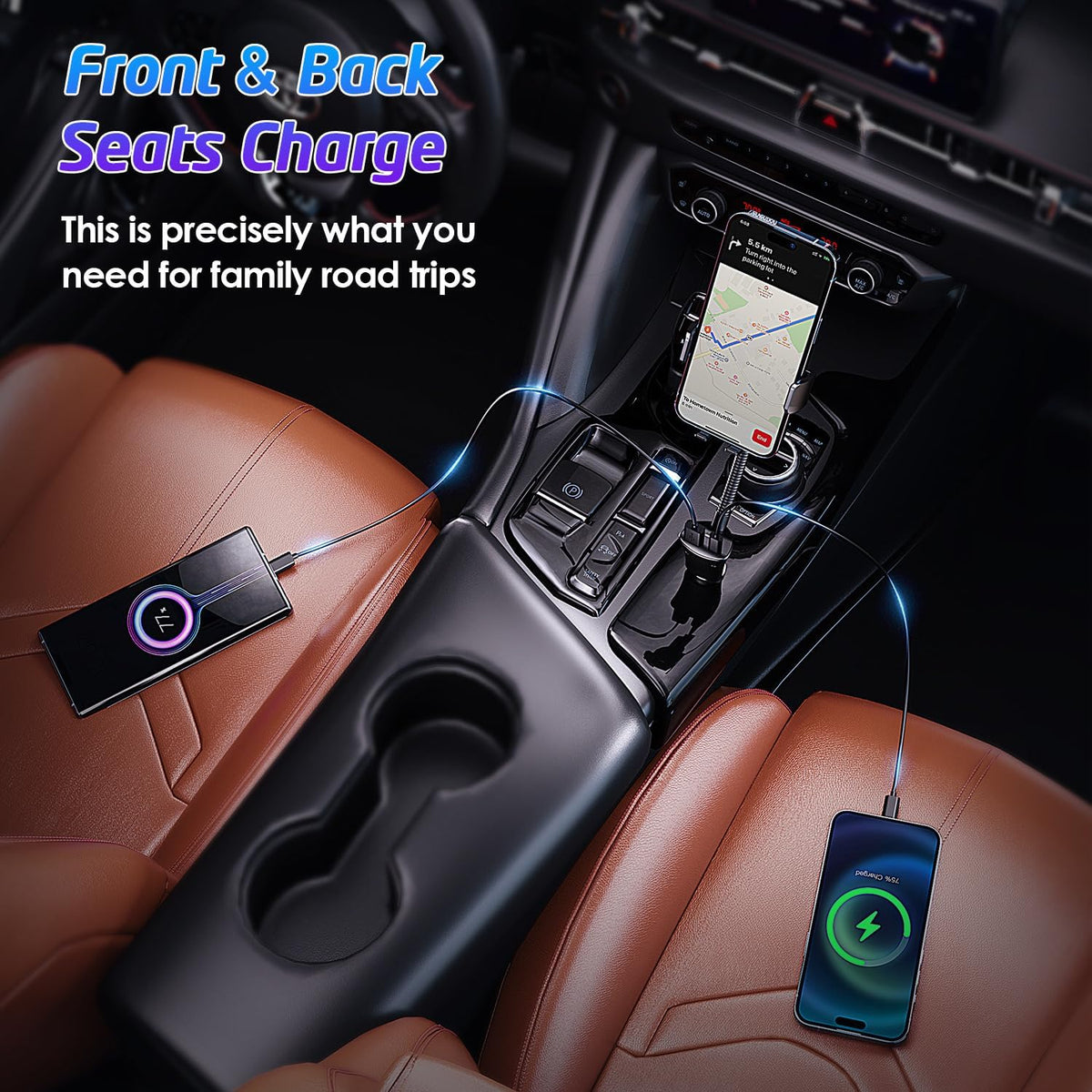 Cigarette Lighter Phone Holder, 360° Rotating Car Mount Cradle with Dual USB Charging Port, Adjustable Gooseneck, Car Phone Holder Cigarette Lighter Mount, Fits Most Cellphones