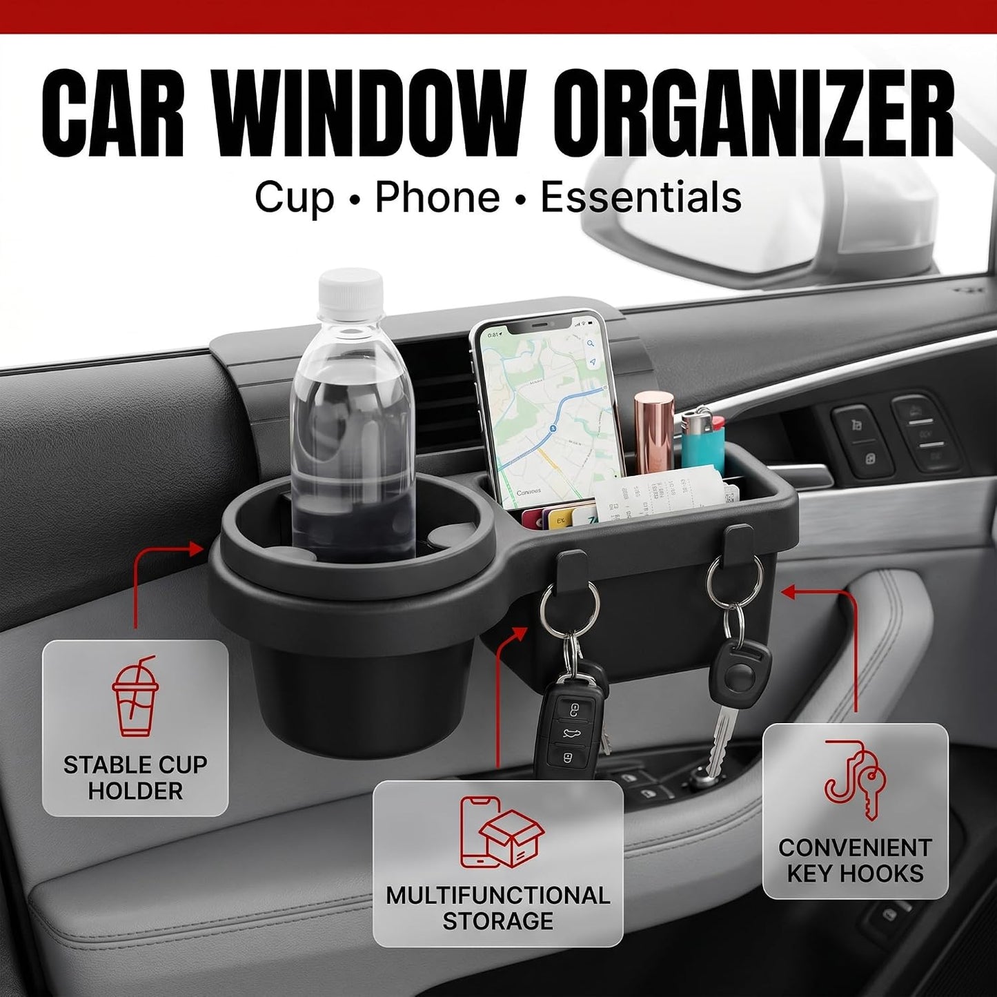 Li&Zhao Car Window Cup Holder - Clip-On, No Drill, Universal Fit