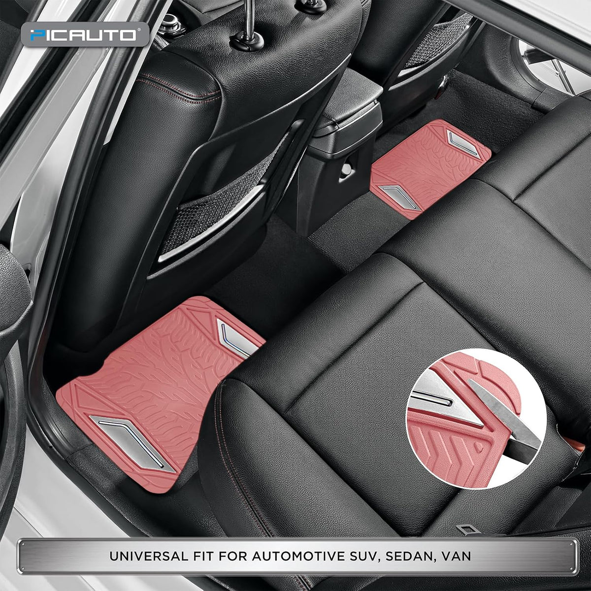 PIC AUTO Pink Rubber Floor Mats, Silver Aluminum Film with Colorful Piping Floor Mats for Cars, Car Mats with Non-Slip Backing, All-Weather, Trim-to-Fit Liner for Cars, SUVs, Trucks, Vehicles
