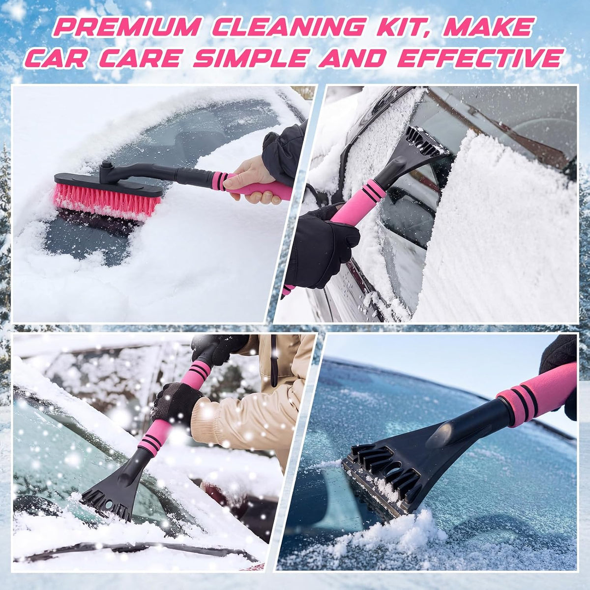 Ceenna 32" Extendable Snow Brush and Ice Scraper for Car Windshield, Pink 2 in 1 Detachable Snow Scraper with Soft Grip Handle, Rotating Brush Head Multi-Functional Removal Tool for Car, Truck, SUV