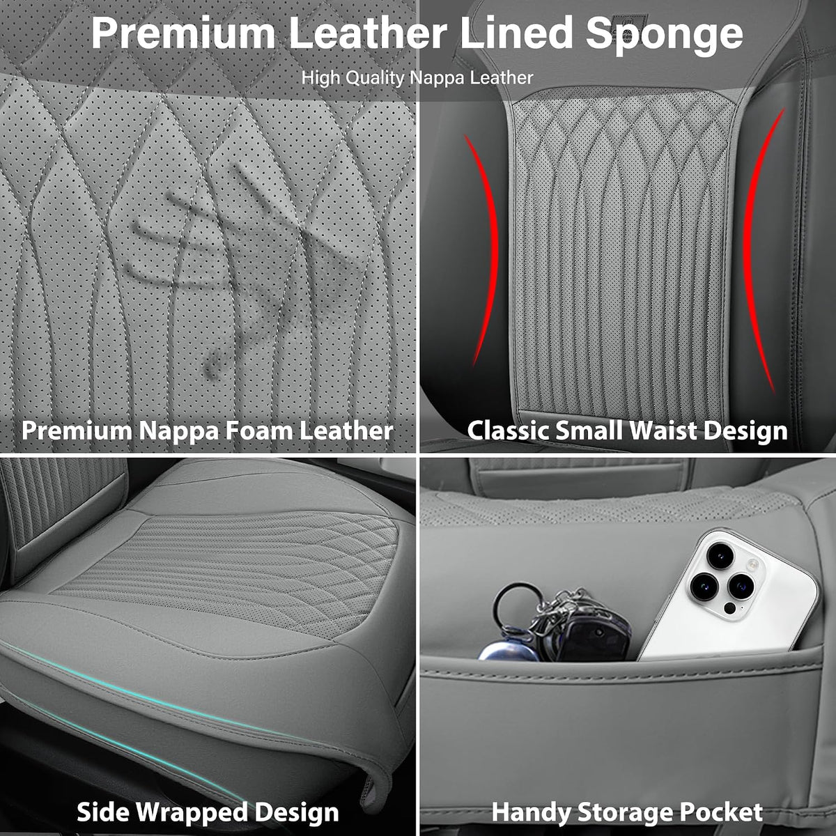 CAR PASS Car Seat Protector, 2 Pack Sideless Nappa Leather Seat Covers for Cars, All Season Waterproof Breathable Front Seats Cushion with Storage Pocket Universal Fit Vehicle Car SUV Truck, All Gray