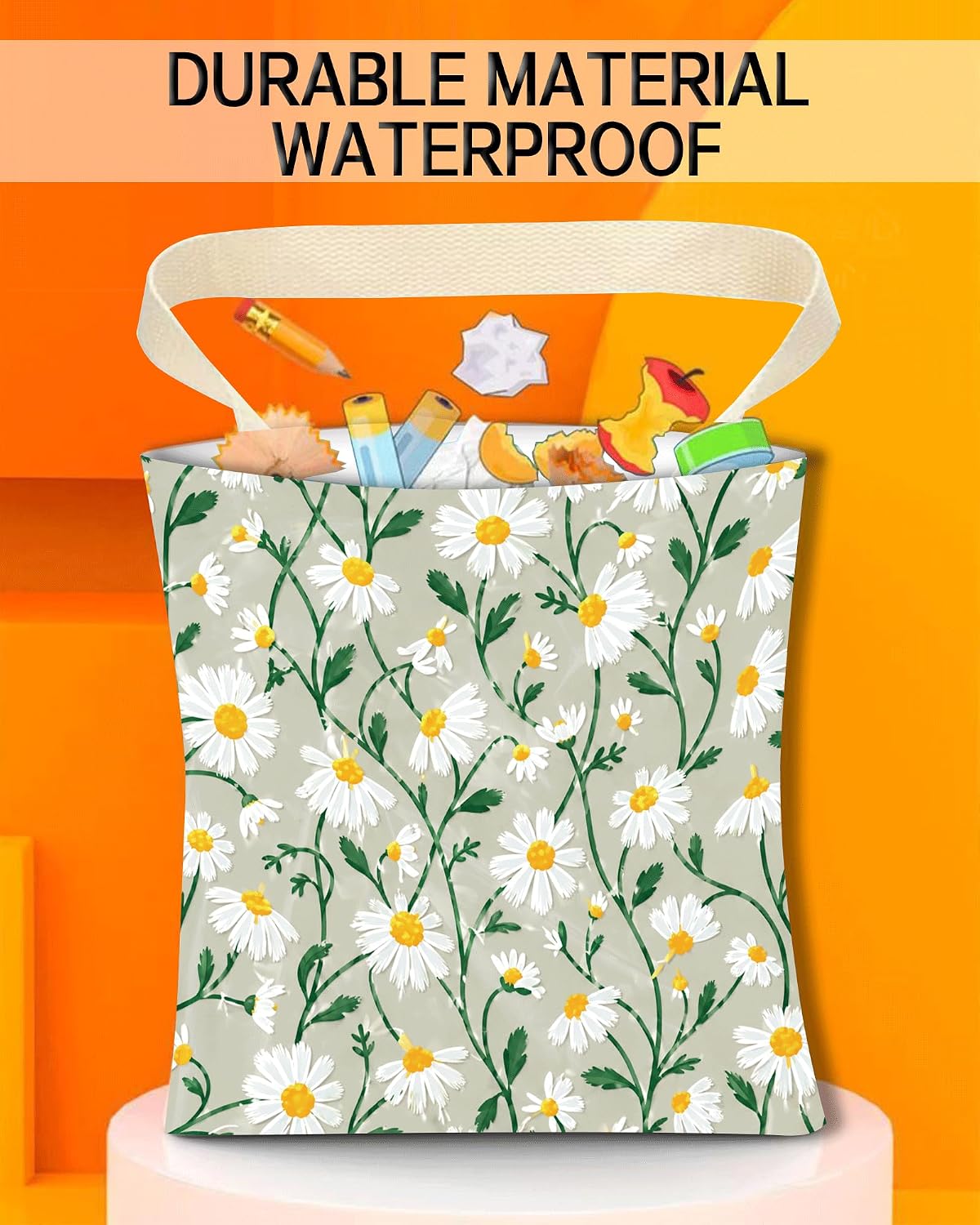 Car Trash Can, Durable Hanging Car Trash Garbage Bag, Cute Automotive Garbage Cans Organizer, Cute White Daisy Flower