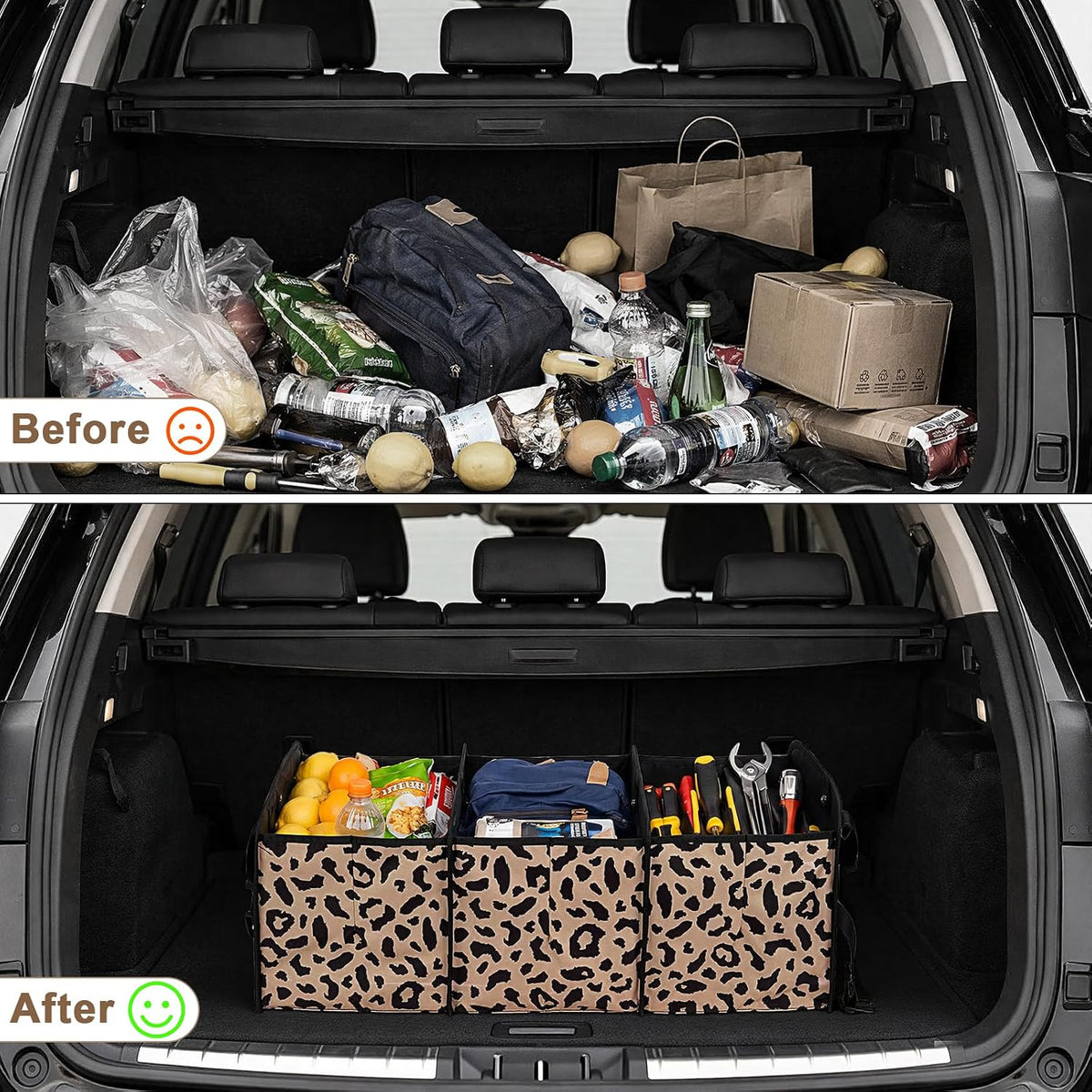 Leopard Trunk Organizer Foldable Car Organizer Portable Car Accessories for SUV & Sedans Waterproof Nylon Storage Box