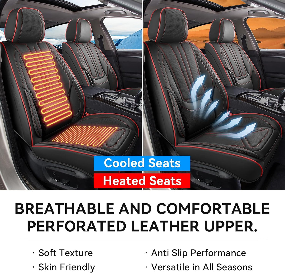 Car Seat Covers Full Set Black Red Line, Leather seat covers, Universal Fit