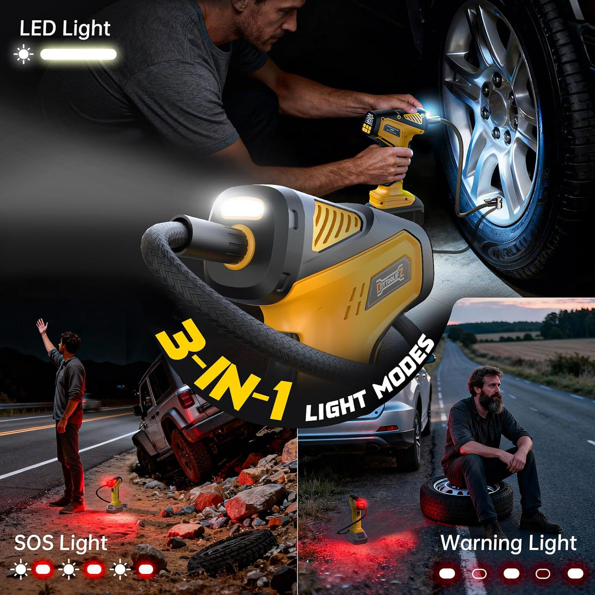DIYtoolifz Cordless Tire Inflator Air Compressor Compatible with Dewalt 20V Battery (Tool Only), 150 PSI Portable Car Air Pump with Digital Pressure Gauge, Automatic Shut Off, LED Light