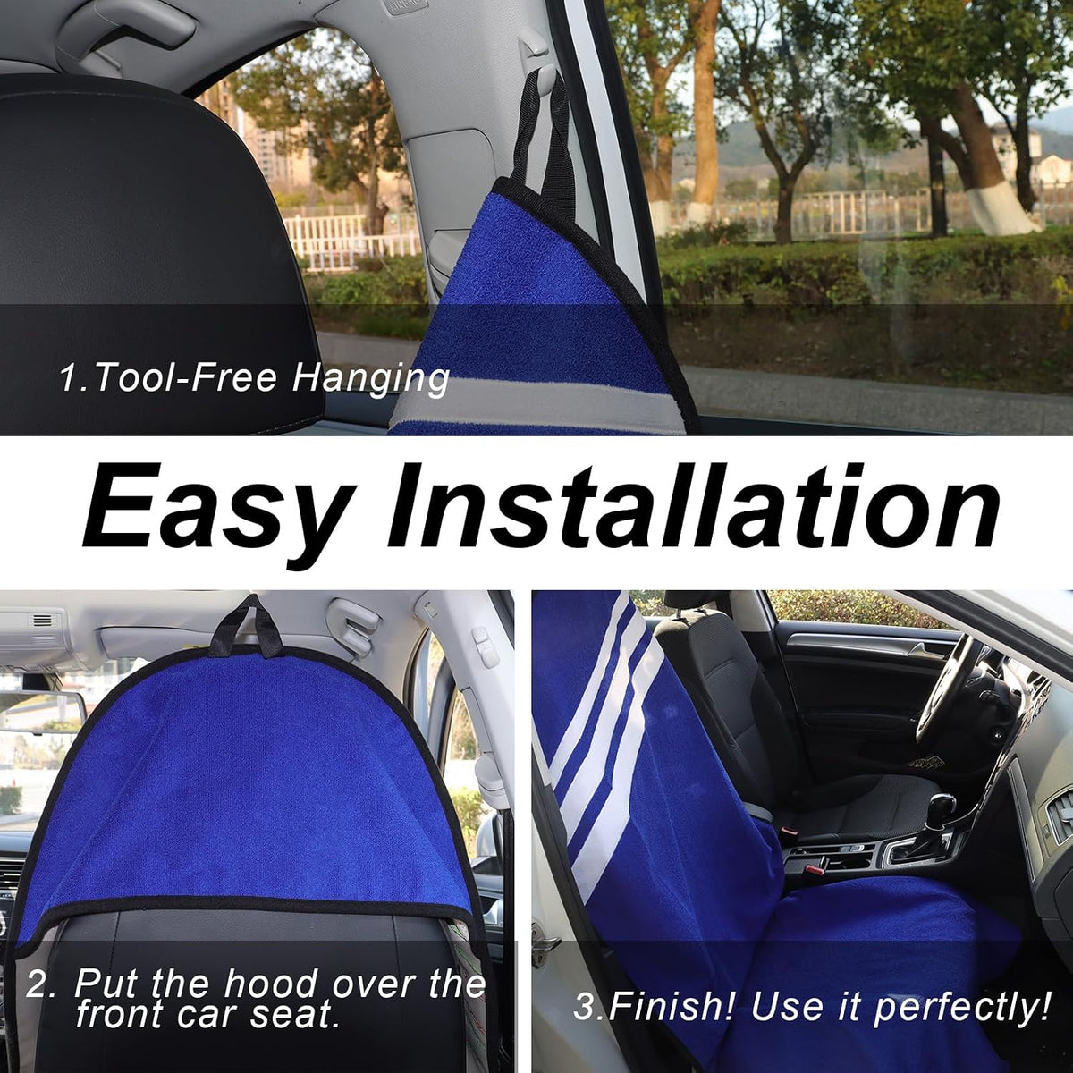 Sweat Towel Car Seat Cover Protector Front Seats for Gym Workout, Running, Swimming, Beach and Hiking, Waterproof Universal Seat Cover for Car, Trucks, Van & SUV (1, Blue White Stripe, Front)