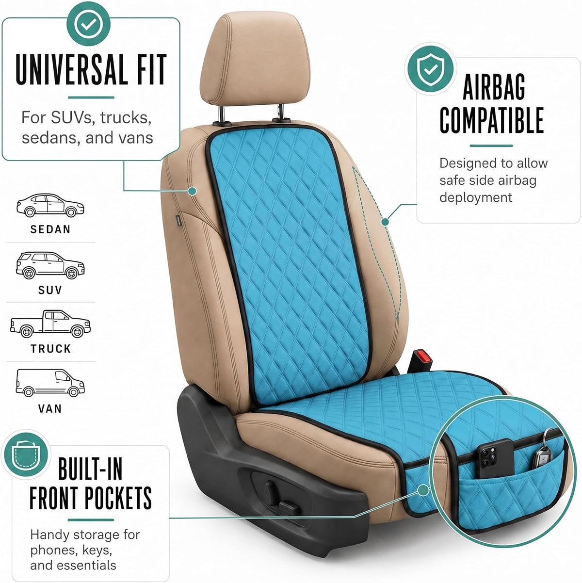 FH Group Car Seat Cushion – Neosupreme Single Front Seat Cover with Front Pockets, Airbag Compatible, Universal Fit Car Seat Cushion for Driver or Passenger Seat, SUV, Truck, Sedan & Van – Aqua