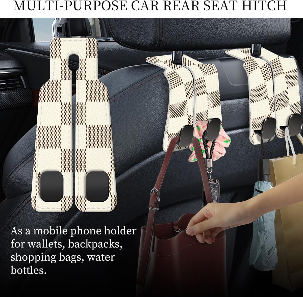 PU Leather Car Seat Hook, Storage Headrest Hanger, Cute Car Backseat Organizer, Car Hooks For Purses and Bags Luxury Checkerboard