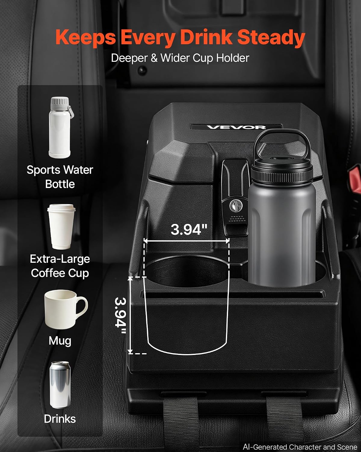 VEVOR UTV Center Console Bench Seat Box Lockable Armrest Storage Box, HDPE Central Console Tools Organizer with Cups and Phone Holder - Compatible with Polaris Ranger & 2017-2026 Can-Am Defender