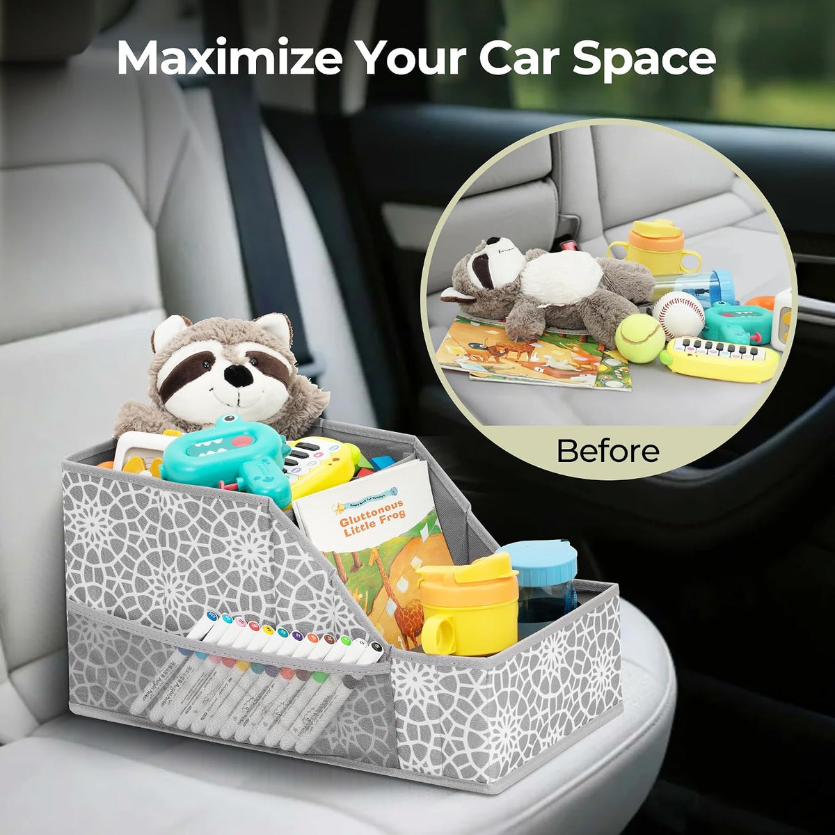 Easi Car Seat Organizer Backseat Front Seat Gap Filler with 12 Storage Compartments 2 Metal Cup Holders Kids Snack Travel Passenger Seat Organizer Collapsible Storage Box for SUV Truck Van Car, GE, 2